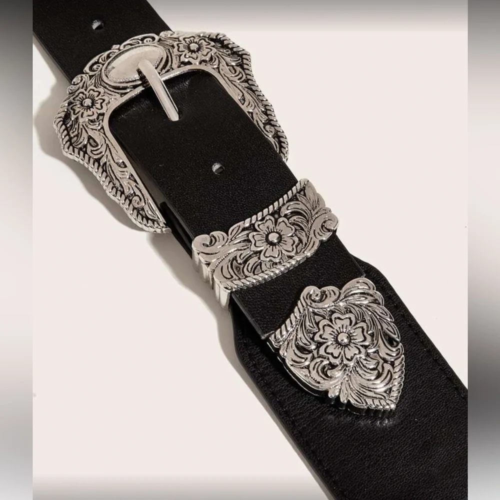 Elegant Black Belt with Silver Buckles